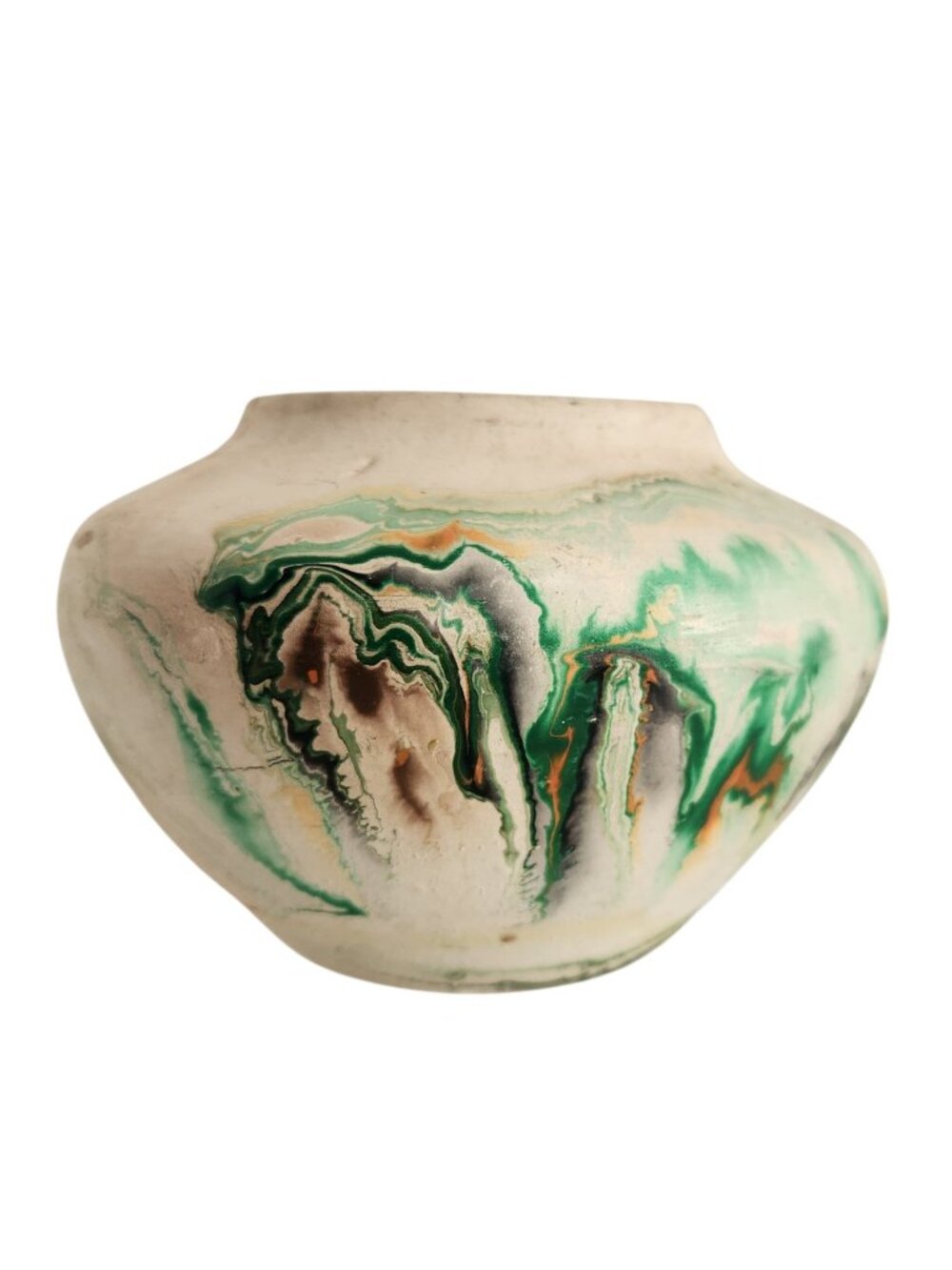 Vintage Nemadji Pottery Vase Green Brown Black Swirl Marble 3.8" Unmarked